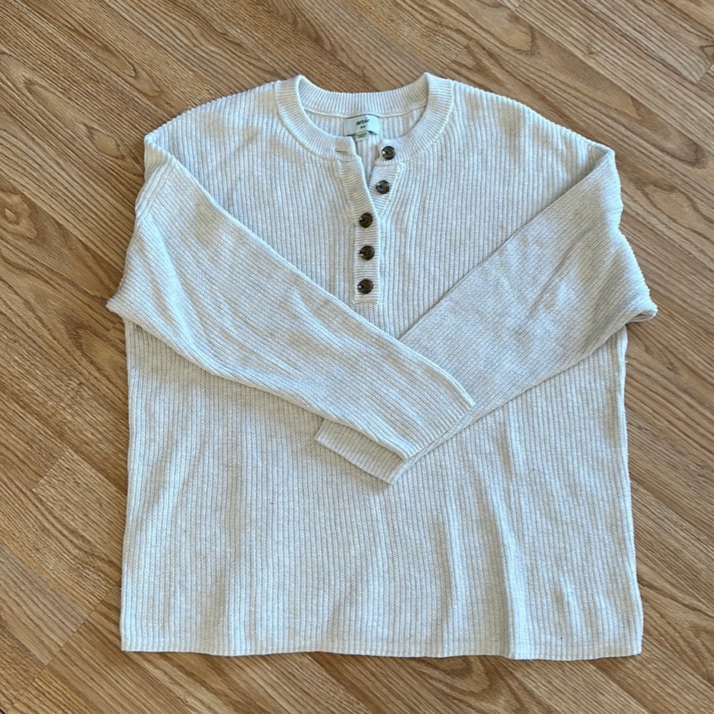 aerie Cream Ribbed Henley Sweater with Button Placket